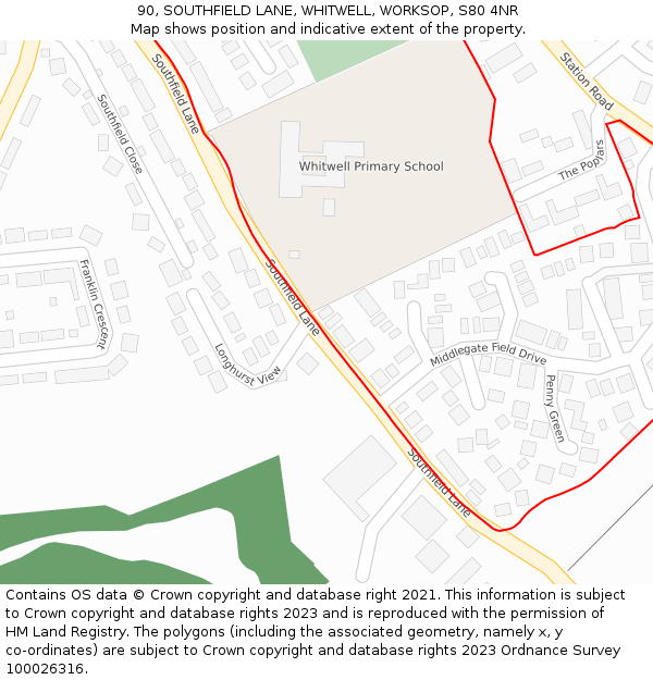 90, SOUTHFIELD LANE, WHITWELL, WORKSOP, S80 4NR: Location map and indicative extent of plot