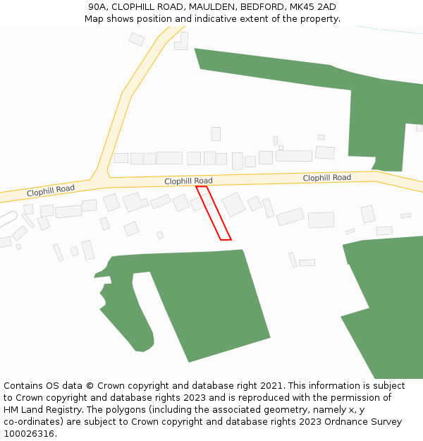 90A, CLOPHILL ROAD, MAULDEN, BEDFORD, MK45 2AD: Location map and indicative extent of plot