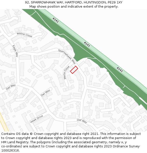 92, SPARROWHAWK WAY, HARTFORD, HUNTINGDON, PE29 1XY: Location map and indicative extent of plot