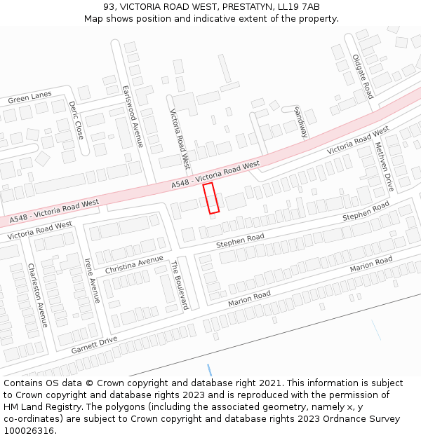 93, VICTORIA ROAD WEST, PRESTATYN, LL19 7AB: Location map and indicative extent of plot