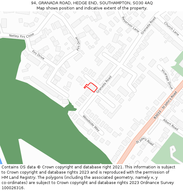 94, GRANADA ROAD, HEDGE END, SOUTHAMPTON, SO30 4AQ: Location map and indicative extent of plot