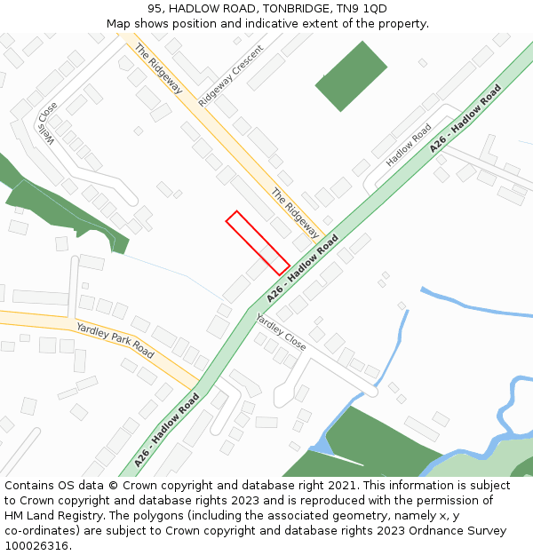 95, HADLOW ROAD, TONBRIDGE, TN9 1QD: Location map and indicative extent of plot