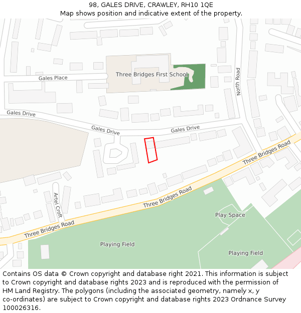 98, GALES DRIVE, CRAWLEY, RH10 1QE: Location map and indicative extent of plot