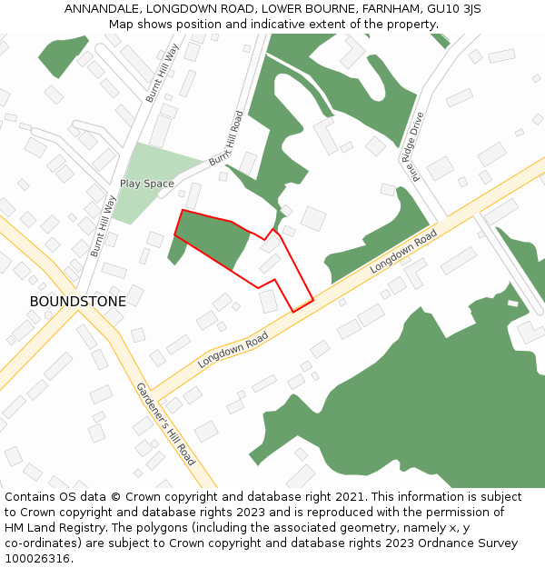 ANNANDALE, LONGDOWN ROAD, LOWER BOURNE, FARNHAM, GU10 3JS: Location map and indicative extent of plot