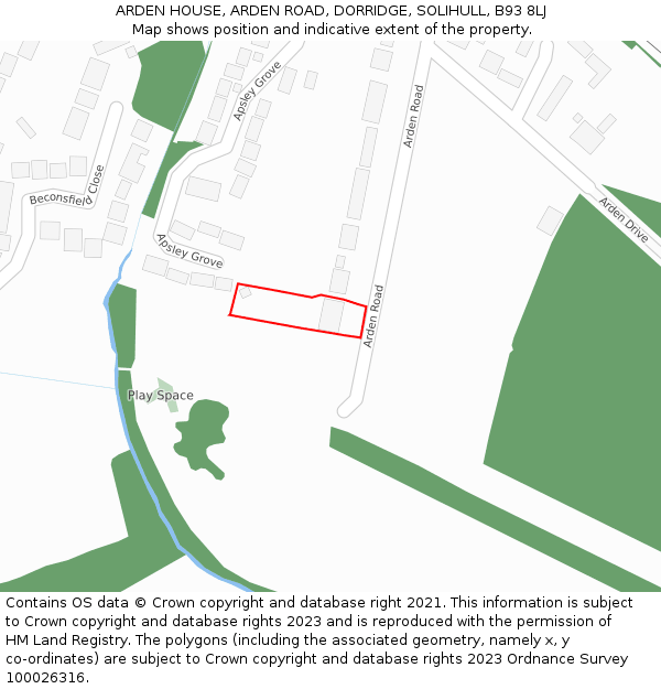 ARDEN HOUSE, ARDEN ROAD, DORRIDGE, SOLIHULL, B93 8LJ: Location map and indicative extent of plot