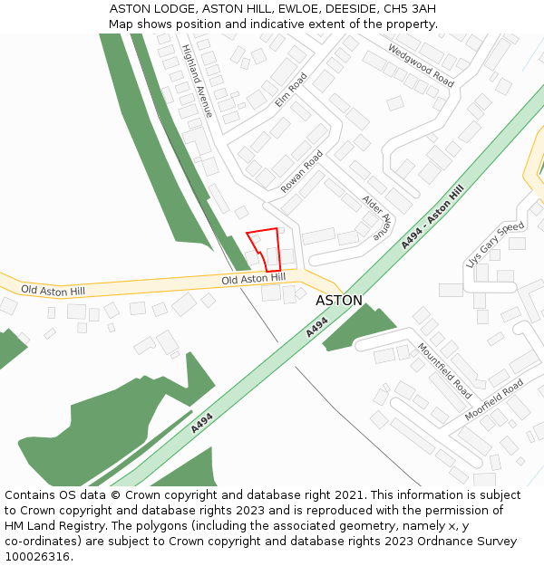 ASTON LODGE, ASTON HILL, EWLOE, DEESIDE, CH5 3AH: Location map and indicative extent of plot