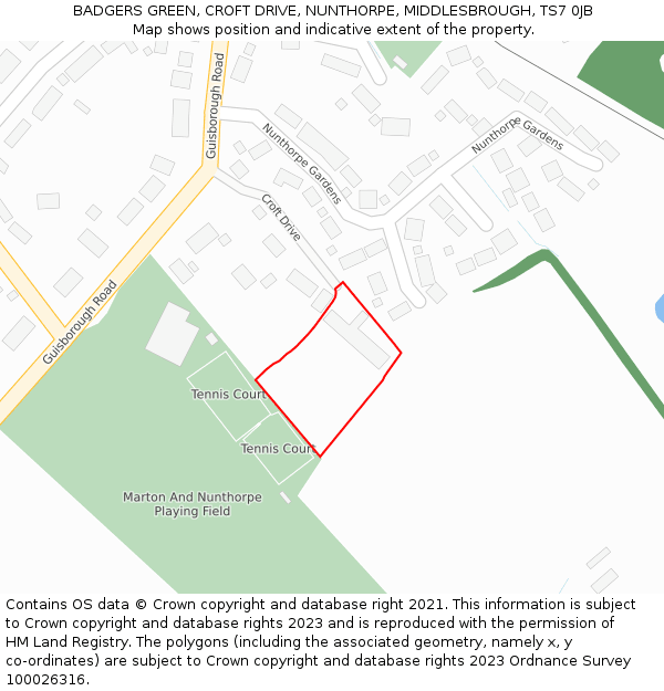 BADGERS GREEN, CROFT DRIVE, NUNTHORPE, MIDDLESBROUGH, TS7 0JB: Location map and indicative extent of plot