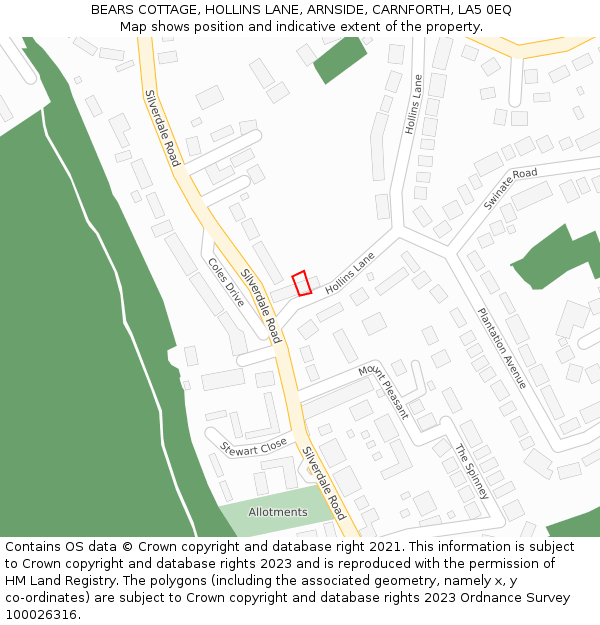 BEARS COTTAGE, HOLLINS LANE, ARNSIDE, CARNFORTH, LA5 0EQ: Location map and indicative extent of plot