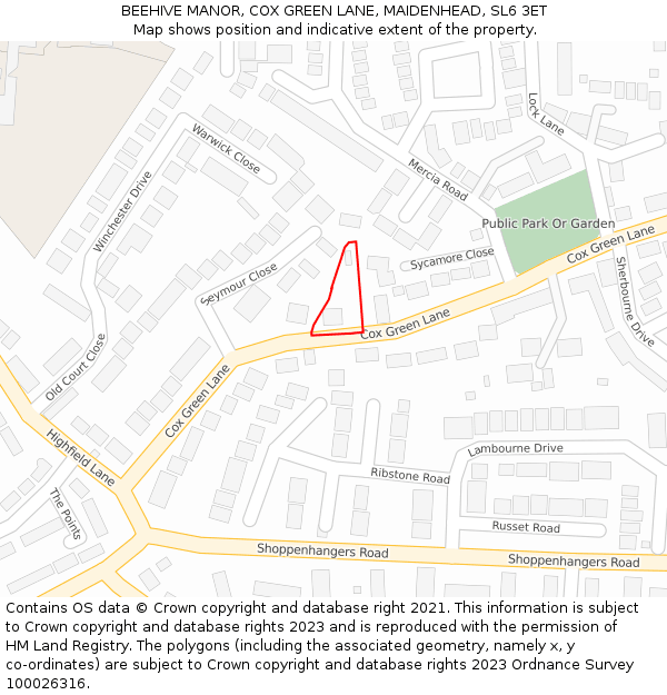 BEEHIVE MANOR, COX GREEN LANE, MAIDENHEAD, SL6 3ET: Location map and indicative extent of plot