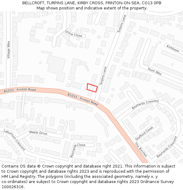 BELLCROFT, TURPINS LANE, KIRBY CROSS, FRINTON-ON-SEA, CO13 0PB: Location map and indicative extent of plot