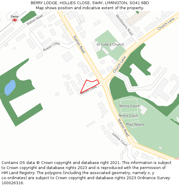 BERRY LODGE, HOLLIES CLOSE, SWAY, LYMINGTON, SO41 6BD: Location map and indicative extent of plot