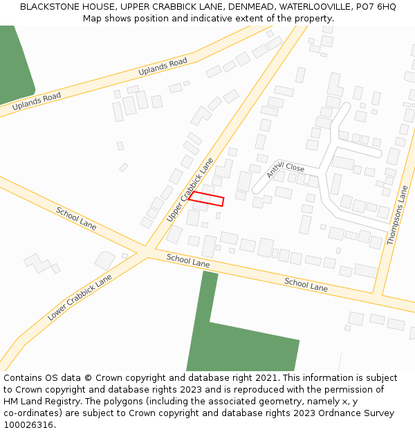 BLACKSTONE HOUSE, UPPER CRABBICK LANE, DENMEAD, WATERLOOVILLE, PO7 6HQ: Location map and indicative extent of plot