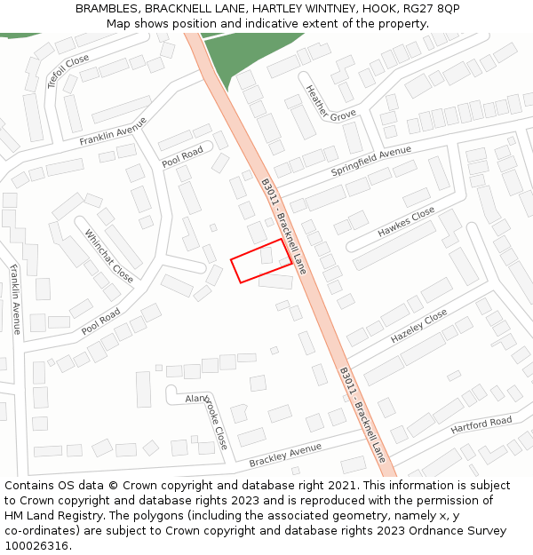 BRAMBLES, BRACKNELL LANE, HARTLEY WINTNEY, HOOK, RG27 8QP: Location map and indicative extent of plot