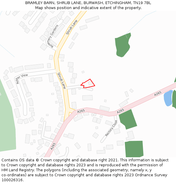 BRAMLEY BARN, SHRUB LANE, BURWASH, ETCHINGHAM, TN19 7BL: Location map and indicative extent of plot