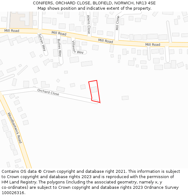 CONIFERS, ORCHARD CLOSE, BLOFIELD, NORWICH, NR13 4SE: Location map and indicative extent of plot