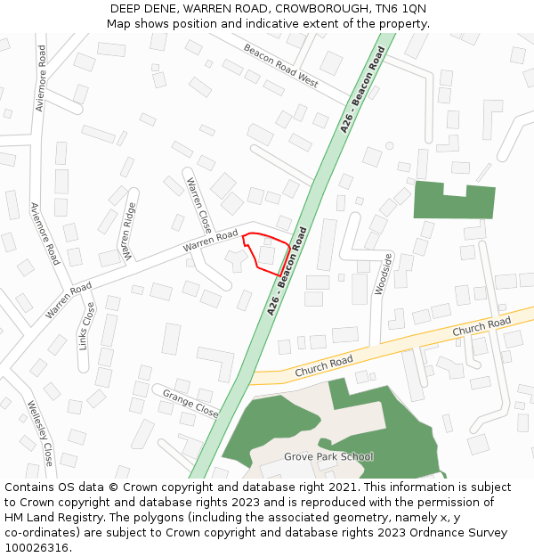 DEEP DENE, WARREN ROAD, CROWBOROUGH, TN6 1QN: Location map and indicative extent of plot