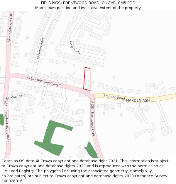 FIELDINGS, BRENTWOOD ROAD, ONGAR, CM5 9DD: Location map and indicative extent of plot