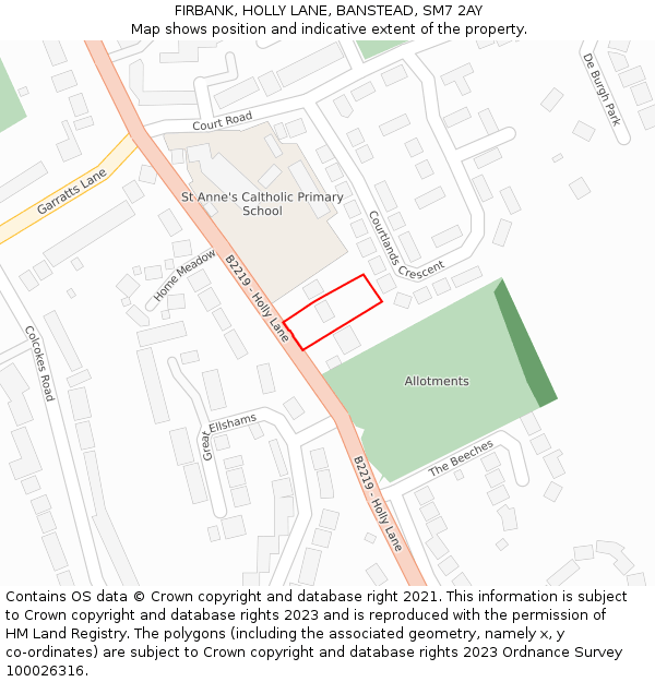 FIRBANK, HOLLY LANE, BANSTEAD, SM7 2AY: Location map and indicative extent of plot