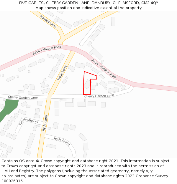 FIVE GABLES, CHERRY GARDEN LANE, DANBURY, CHELMSFORD, CM3 4QY: Location map and indicative extent of plot