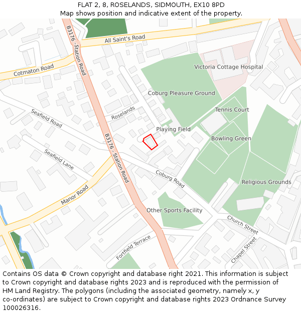 FLAT 2, 8, ROSELANDS, SIDMOUTH, EX10 8PD: Location map and indicative extent of plot