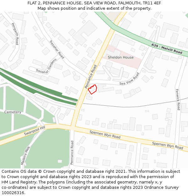 FLAT 2, PENNANCE HOUSE, SEA VIEW ROAD, FALMOUTH, TR11 4EF: Location map and indicative extent of plot