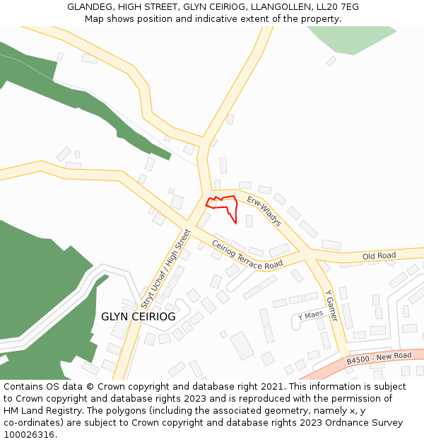 GLANDEG, HIGH STREET, GLYN CEIRIOG, LLANGOLLEN, LL20 7EG: Location map and indicative extent of plot