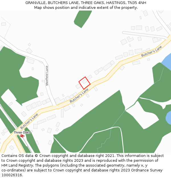 GRANVILLE, BUTCHERS LANE, THREE OAKS, HASTINGS, TN35 4NH: Location map and indicative extent of plot