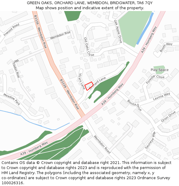 GREEN OAKS, ORCHARD LANE, WEMBDON, BRIDGWATER, TA6 7QY: Location map and indicative extent of plot