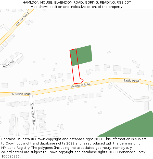 HAMILTON HOUSE, ELVENDON ROAD, GORING, READING, RG8 0DT: Location map and indicative extent of plot