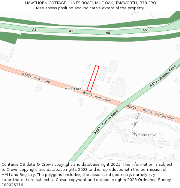 HAWTHORN COTTAGE, HINTS ROAD, MILE OAK, TAMWORTH, B78 3PQ: Location map and indicative extent of plot