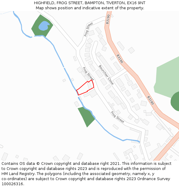 HIGHFIELD, FROG STREET, BAMPTON, TIVERTON, EX16 9NT: Location map and indicative extent of plot