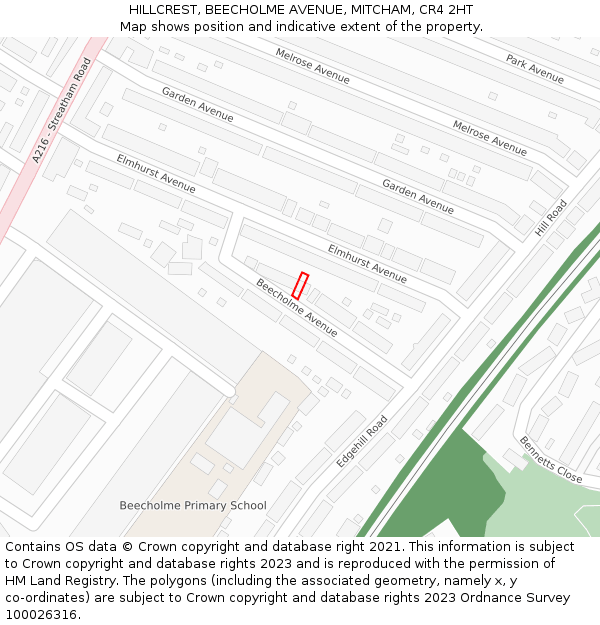 HILLCREST, BEECHOLME AVENUE, MITCHAM, CR4 2HT: Location map and indicative extent of plot