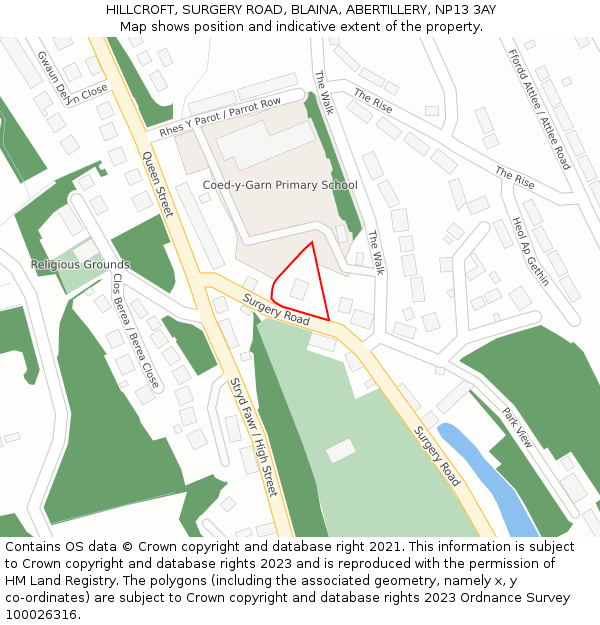 HILLCROFT, SURGERY ROAD, BLAINA, ABERTILLERY, NP13 3AY: Location map and indicative extent of plot