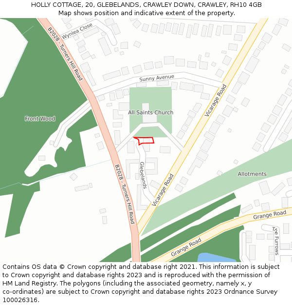 HOLLY COTTAGE, 20, GLEBELANDS, CRAWLEY DOWN, CRAWLEY, RH10 4GB: Location map and indicative extent of plot