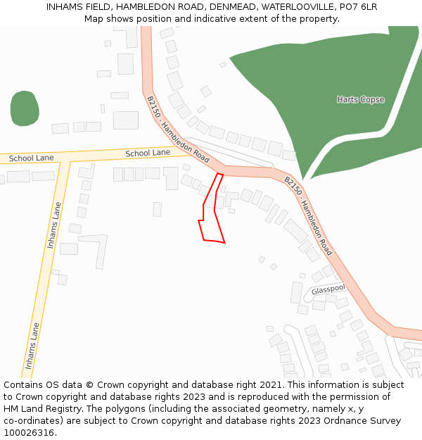 INHAMS FIELD, HAMBLEDON ROAD, DENMEAD, WATERLOOVILLE, PO7 6LR: Location map and indicative extent of plot