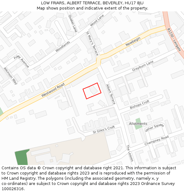 LOW FRIARS, ALBERT TERRACE, BEVERLEY, HU17 8JU: Location map and indicative extent of plot