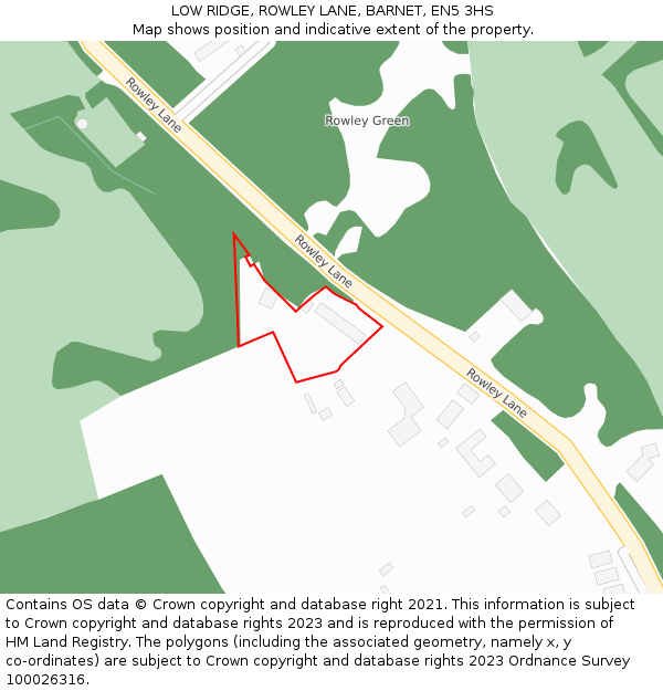 LOW RIDGE, ROWLEY LANE, BARNET, EN5 3HS: Location map and indicative extent of plot