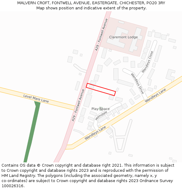 MALVERN CROFT, FONTWELL AVENUE, EASTERGATE, CHICHESTER, PO20 3RY: Location map and indicative extent of plot