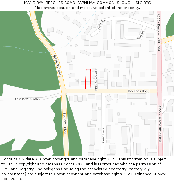 MANDIRYA, BEECHES ROAD, FARNHAM COMMON, SLOUGH, SL2 3PS: Location map and indicative extent of plot