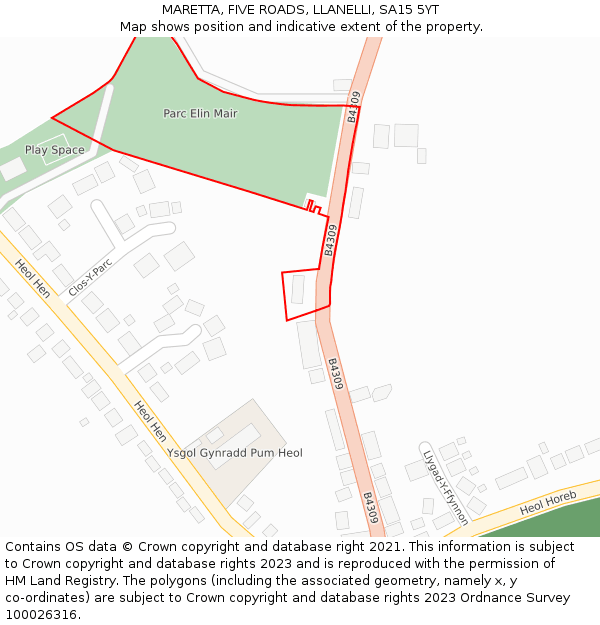 MARETTA, FIVE ROADS, LLANELLI, SA15 5YT: Location map and indicative extent of plot