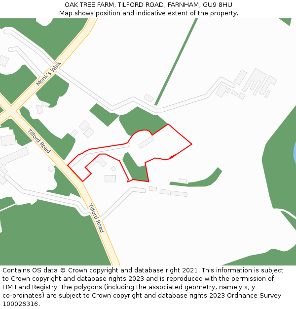 OAK TREE FARM, TILFORD ROAD, FARNHAM, GU9 8HU: Location map and indicative extent of plot