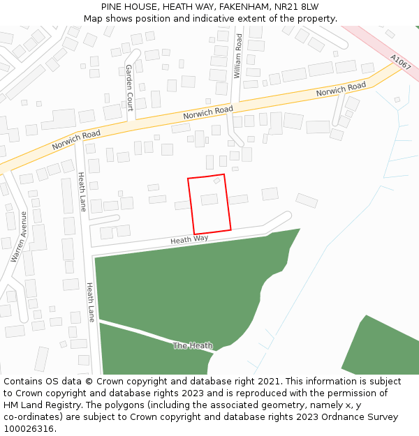 PINE HOUSE, HEATH WAY, FAKENHAM, NR21 8LW: Location map and indicative extent of plot