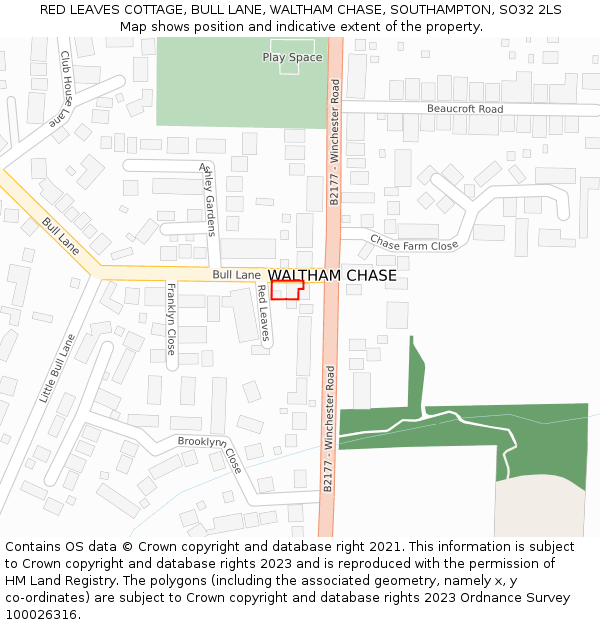 RED LEAVES COTTAGE, BULL LANE, WALTHAM CHASE, SOUTHAMPTON, SO32 2LS: Location map and indicative extent of plot