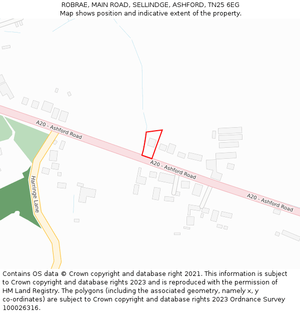 ROBRAE, MAIN ROAD, SELLINDGE, ASHFORD, TN25 6EG: Location map and indicative extent of plot