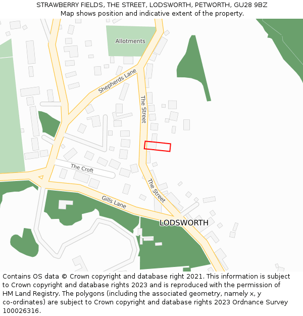 STRAWBERRY FIELDS, THE STREET, LODSWORTH, PETWORTH, GU28 9BZ: Location map and indicative extent of plot