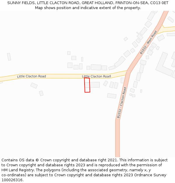 SUNNY FIELDS, LITTLE CLACTON ROAD, GREAT HOLLAND, FRINTON-ON-SEA, CO13 0ET: Location map and indicative extent of plot