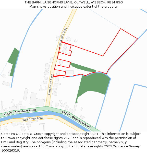 THE BARN, LANGHORNS LANE, OUTWELL, WISBECH, PE14 8SG: Location map and indicative extent of plot