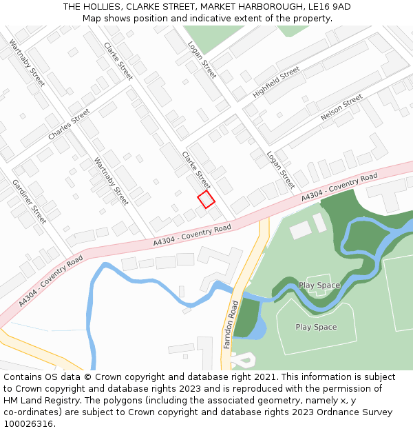 THE HOLLIES, CLARKE STREET, MARKET HARBOROUGH, LE16 9AD: Location map and indicative extent of plot