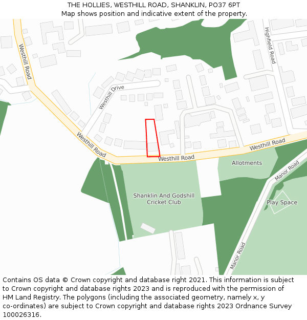 THE HOLLIES, WESTHILL ROAD, SHANKLIN, PO37 6PT: Location map and indicative extent of plot