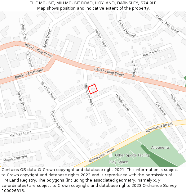 THE MOUNT, MILLMOUNT ROAD, HOYLAND, BARNSLEY, S74 9LE: Location map and indicative extent of plot